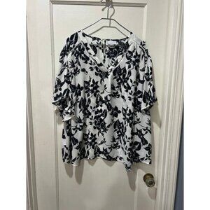 Liz Claiborne woman 3X black off white floral polyester short sleeve blouse